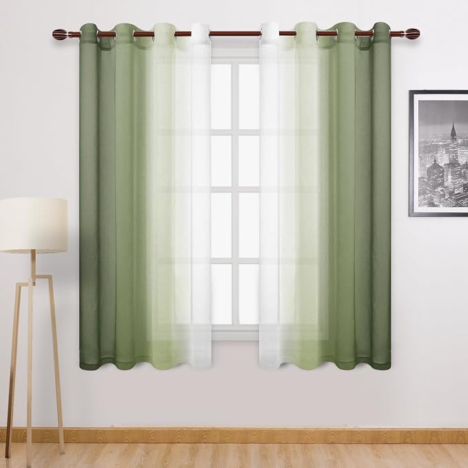 DWCN Ombre Sheer Curtains - Faux Linen Semi Voile Grommet Top Gradient Curtains for Bedroom and Living Room, Set of 2 Window Curtain Panels, 52 x 72 Inch Length, Light Olive Green