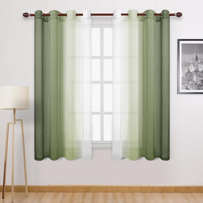 DWCN Ombre Sheer Curtains - 63 Inch Long Short Faux Linen Semi Voile Grommet Top Gradient Curtains for Bedroom and Living Room, Set of 2 Window Curtain Panels, 52 x 63 Inch Length, Light Olive Green