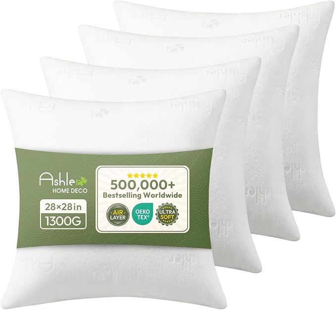 Ashler Throw Pillow Inserts 28 x 28 Inches Set of 4, Indoor Decorative Pillows, Soft and Firm Pillows with Air Layer, Square Cushion Sham Stuffer for Couch and Living Room