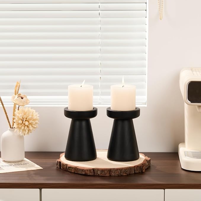 Wood Candle Holders for Pillar Candles, Set of 2 Vintage Rustic Tall Modern Farmhouse Decor, Decorative Wooden Candlestick Stand for Fireplace Mantel, Table Centerpiece - Black