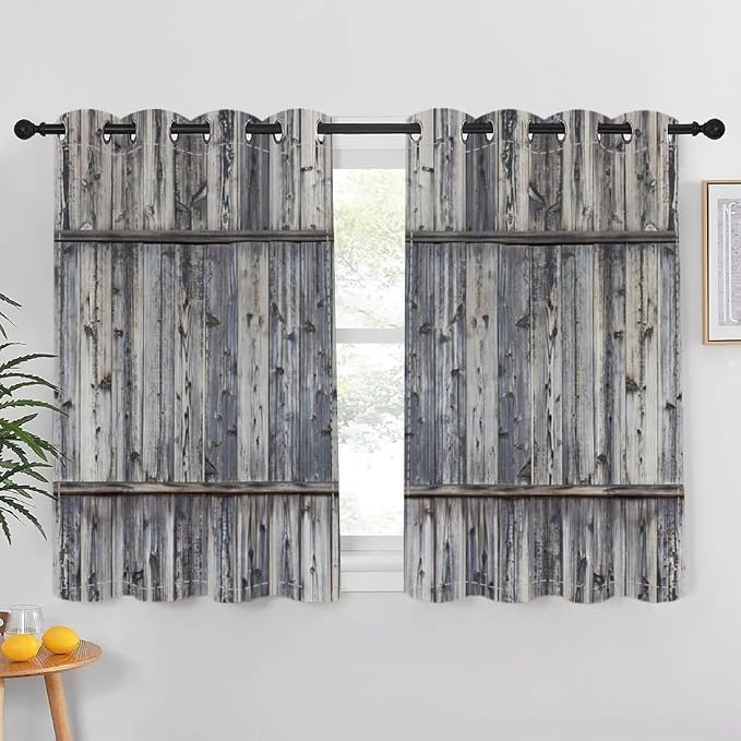 Wooden Barn Doors Kitchen Curtains,Wood Planks Rustic Farm Farmhouse Window Curtains Country Retro Western Vintage Grey Window Curtain Treatments Bedroom Living Room Decor,53x63 inch,2 Panels