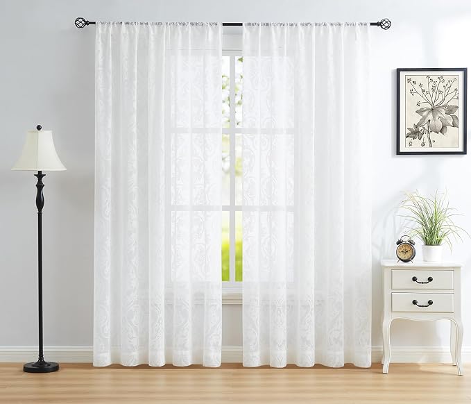 Treatmentex Lace Sheer Curtains Vintage Damask Knitted European Floral Damask White Sheer Curtains for Living Room Victorian Bedroom Kitchen 54" W by 95" L 2 Panels Rod Pocket