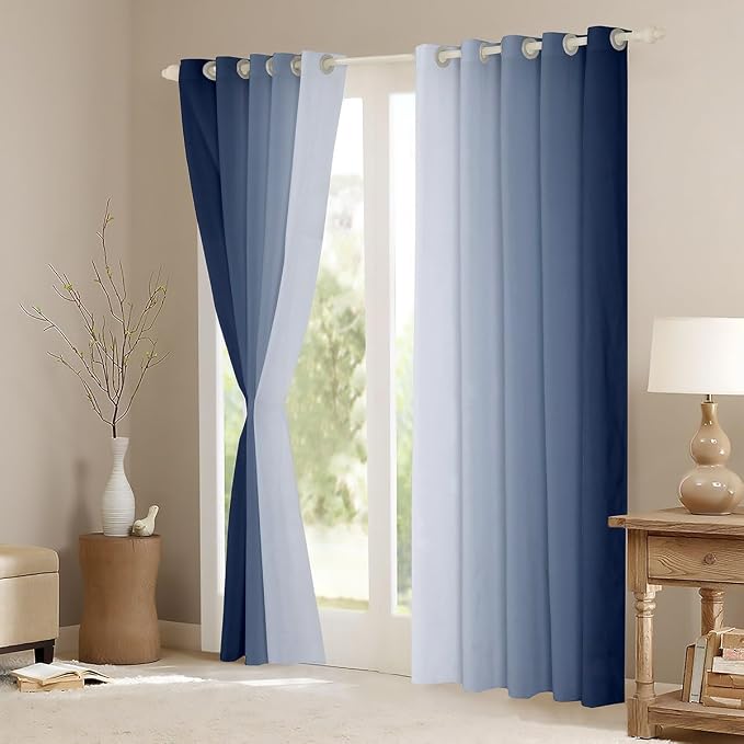 jejeloiu (2 Panels, 52 x 63 Inch Navy Blue and White Darkening Drapes Gradient Style Curtains for Bedroom for Kids Women Men Ombre Printed Blackout Curtains Geometric Window Treatments