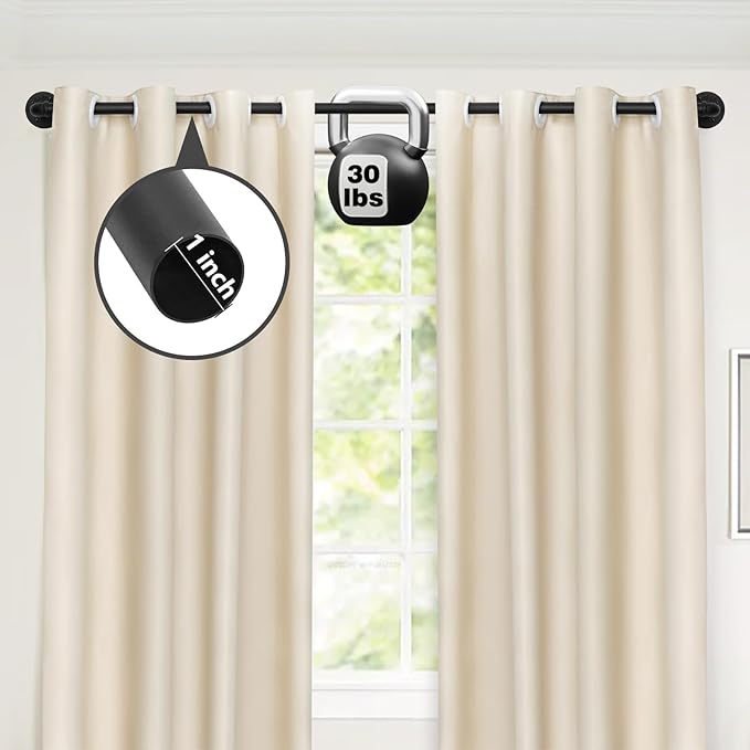 Refrze Curtain Rods for Windows 66 to 120 Inch, 1" Black Industrial Wrap Around, Adjustable Heavy Duty Blackout Curtain Rods for Ceiling, Bedroom, Outdoor Patio
