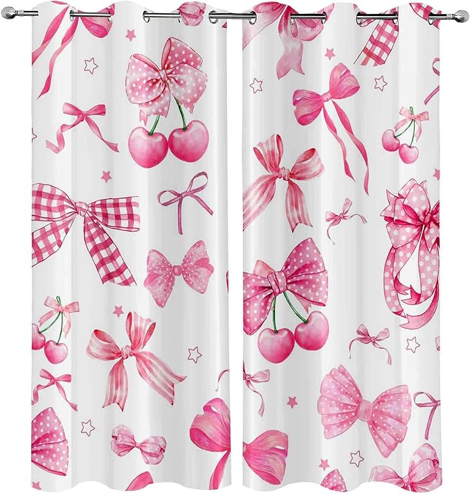 LUVIVIHOME Cute Cherry Blackout Curtains, White Pink Bow Curtains for Girls Bedroom Living Room, Aesthetic Bowknot Girly Preppy Coquette Room Decor, Grommet Window Drapes 2 Panel Sets, 52x63 Inch