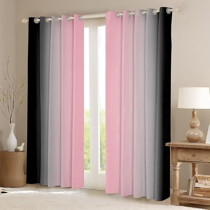 jejeloiu Pink Darkening Drapes (2 Panels, 42 x 63 Inch) Ombre Black Curtains for Bedroom Living Room for Kids Decor Gradient Style Blackout Curtains Abstract Window Treatments