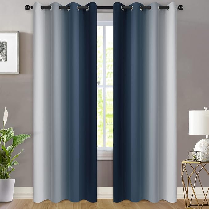 Yakamok Ombre Curtains Navy Blue and Greyish White for Living Room,52Wx84L | Room Darkening Curtains 84,Thermal Insulated Gradient Color Drape,Light Blocking Grommet Window Curtains for Bedroom,2 Panels