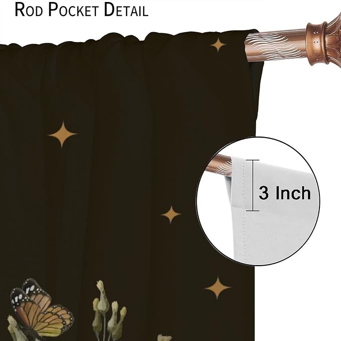 Wild Mushroom Blackout Curtains,Retro Floral Plants Boho Moon Star Window Drapes,Butterfly Botanical for Living Room Kitchen Bedroom,Black Background 63x72in