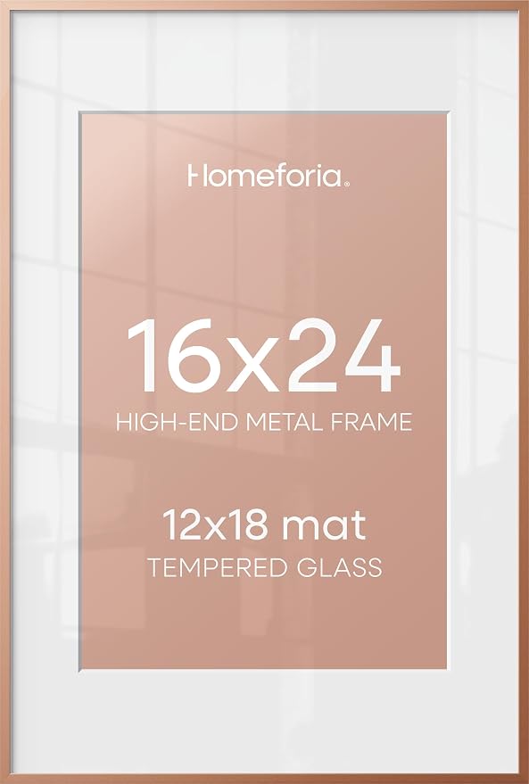 Homeforia 16x24 Picture Frame Rose Gold, High End Metal 16x24 Poster Frames with Mat 12x18 inch Photo, 16 x 24 Rose Gold Frame Matted to 12 by 18 Print, 24x16 Frame, Tempered Glass, Wall Kit, Set of 1