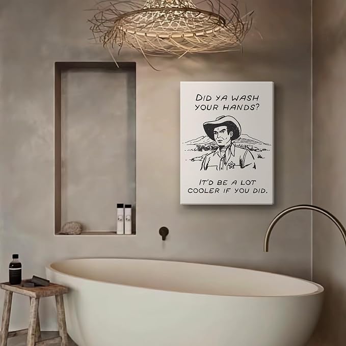 Framed Retro Black and White Cowboy Kitchen Wall Art Did You Wash Your Hands Canvas Prints Cute Bathroom Humor Pictures Trendy Decor Posters Paintings Western Home Wall Decor (12x16in Framed)