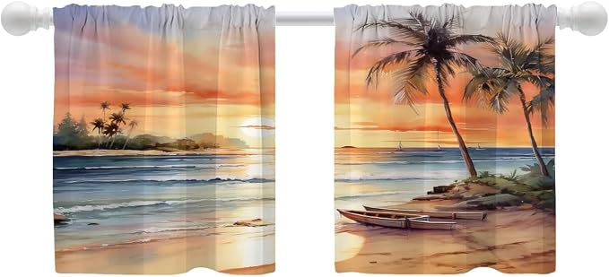 Shrahala Sunset Beach Blackout Curtain Tiers, Tropical Seaside Scene Kitchen Valance Light Blocking Tier Drapes with Rod Pocket, 2 Pack 26 X 24 in