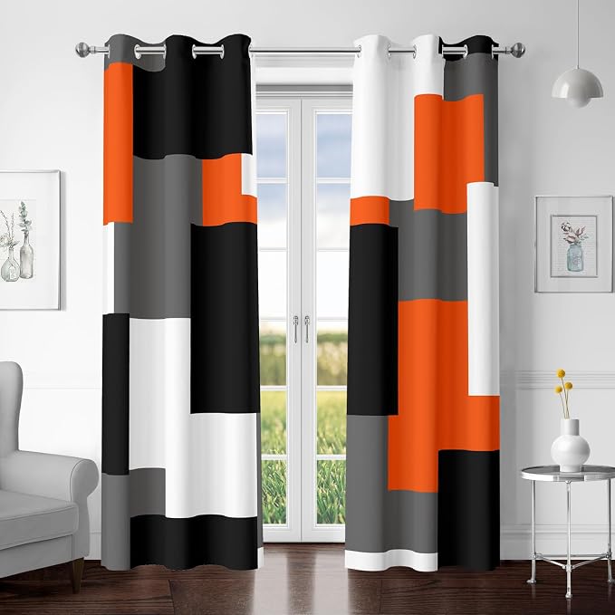 Tyrot Orange 100% Blackout Curtains for Bedroom 96 inch Length 2 Panels Set White Grey Modern Abstract Geometric Black Out Curtains Insulated Room Darkening Window Drapes for Living Room, 42Wx96L