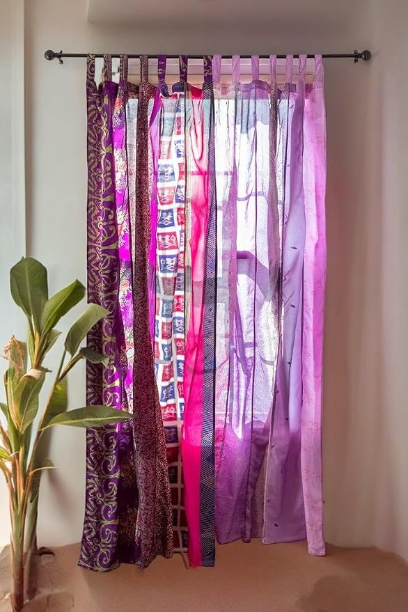 Rajbhoomi Sari Colorful Curtains Light-Filtering – Boho Curtains, Bed Canopy Panel, Tapestry or Window Treatment Purple Color (84 X 43 Inches)
