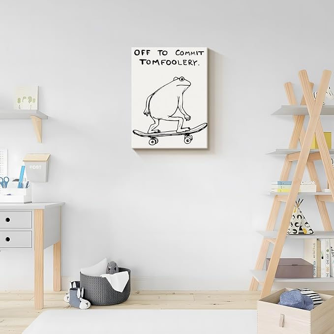 Funny Frog Wall Art Funky Skateboard Frog Prints for Wall Decor 12x16 Inch | Cool Posters, Unique Paintings for Kids Room, Minimalist Funny Animal Artwork - Teen Boy Walls