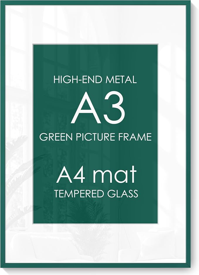 FLYJOE A3 Picture Frame 11.7x16.5 for A4 Photo, Aluminum Frame, Dark Green | Metal Frame for Wall, Desk & Gift | Beveled Glass & Hardware, Minimalist