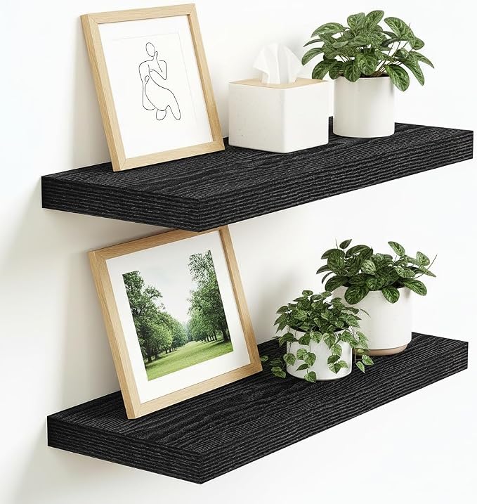 Vivelove Floating Shelves 16 Inch, Wall Shelves Over Toilet with Invisible Brackets for Bathroom Living Room Kitchen Bedroom Office Farmhouse Home Decor, 16" X 9.3" X 1.5" - Set of 2, Black