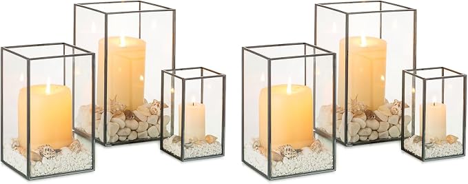 NUPTIO Hurricane Glass Candle Holders: 6 Pcs Clear Lantern Pillar Candles Holder with Black Metal Frame Modern Candle Lanterns Centerpiece for Wedding Ceremony Holiday Decoration 8.1 & 6.5 & 4.7 inch | Clear Glass Candles Holder with Black Metal Frame ...