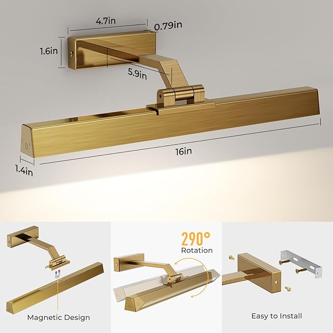Afyuol Picture Lights for Wall, Brass Battery Operated Picture Light 16in Art Light CCT Dimmable Recharging Battery Wall Light with Remote Control for Living Room Gallery