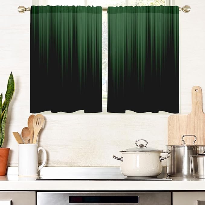 AAtter Green and Black Kitchen Curtains, Ombre 27.5" W x 39" L, 2 Panels | Modern Rod Pocket Bathroom Window Drapes, Dark Abstract Striped Style, Cool Anime Design, Trendy Gradient Small Short Tiers