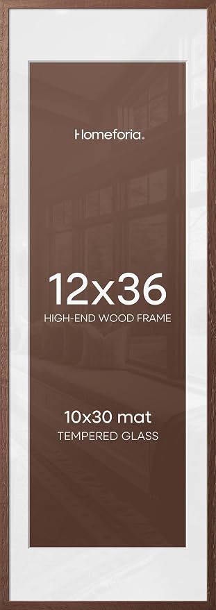 Homeforia 12x36 Picture Frame Brown, High End Dark Oak 12x36 Walnut Wood Poster Frame with Mat 10x30 Art, 12 x 36 Wooden Frame Matted to 10 x 30 Photo, 36x12 Frames, Tempered Glass, Wall Kit, Set of 1