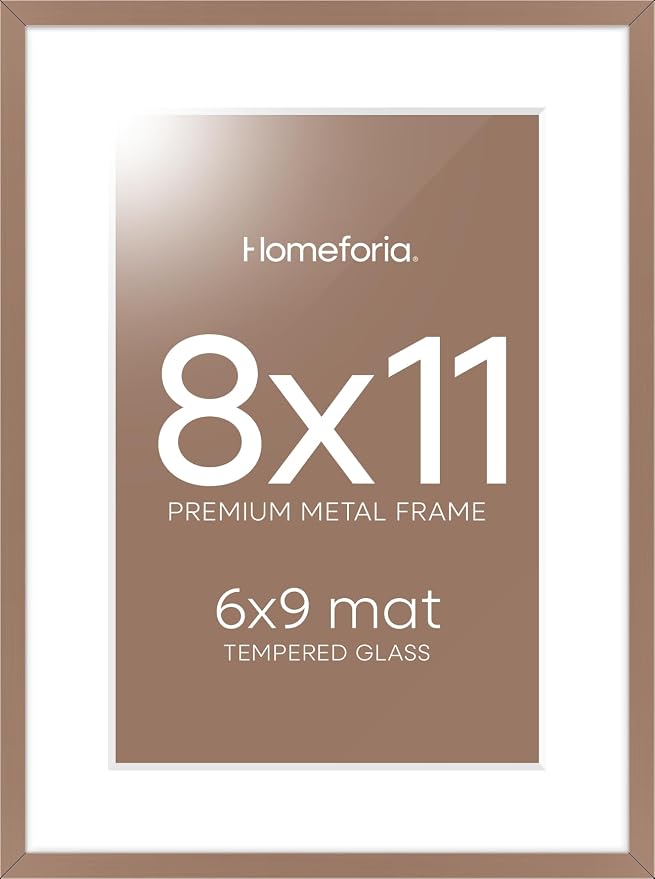 Homeforia 8x11 Picture Frame Mocha, High End Metal 8 x 11 Poster Frames with Mat 6 by 9 for Photo, 11x8 Frame Matted to 6x9 inch Print, 8by11 Wall or Tabletop Frames, Tempered Glass, Wall Kit, Set of 2