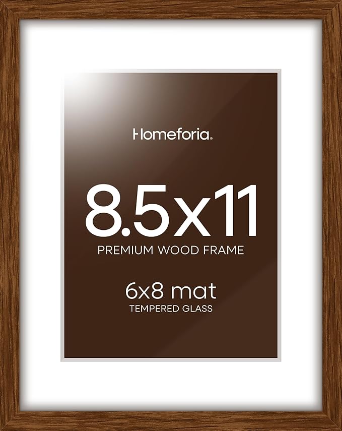 Homeforia 8.5x11 Picture Frame Brown, High End Dark Oak 8.5 x 11 Walnut Wooden Frames with Mat 6 by 8 Photo, 11x8.5 Wood Frame Matted to 6x8, Wall or Tabletop Frame, Tempered Glass, Wall Kit, Set of 3