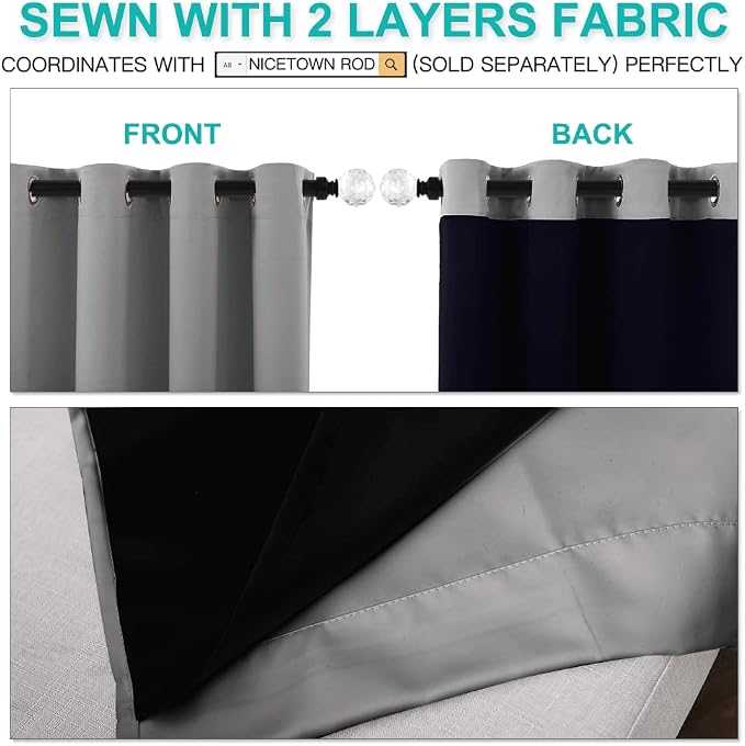 NICETOWN Total Shade Curtains and Draperies, Heavy-Duty Full Light Shading Drapes with Black Liner Backing for Villa/Hall/Dorm Window（Silver Grey, Package of 2 Panels, 62 inches Wide x 95 inches Long