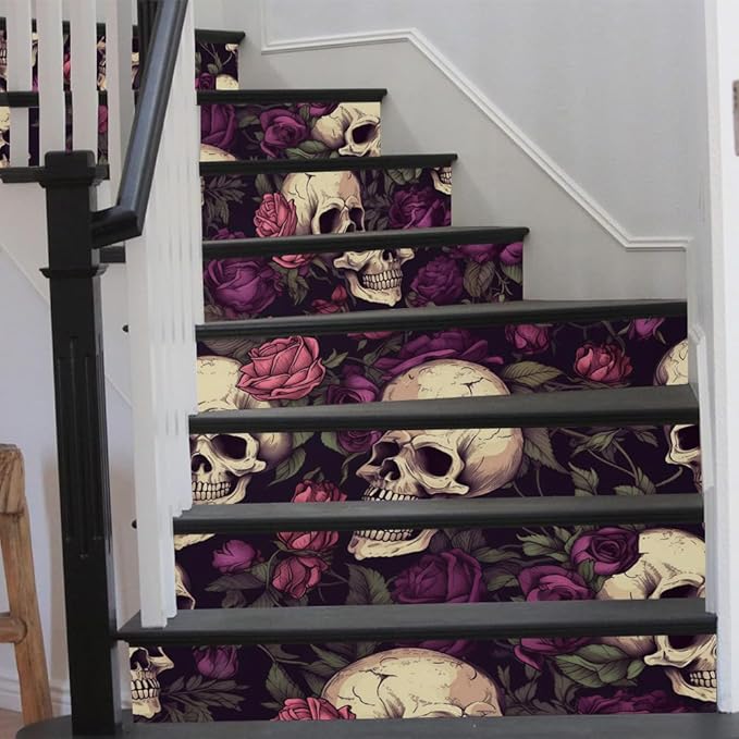 REDAMANCY Vintage Purple Rose Floral Skull Gothic Peel and Stick Vinyl Stair Riser Decals Staircase Tile Stickers Decor Modern Marble Decoration Self-Adhesive(14 Pcs)