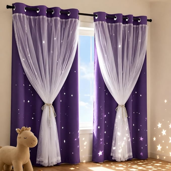Star Cutout Blackout 95 Inches Curtains Double Layer with Sheer Overly Curtains for Bedroom Thermal Insulated Window Treatment Set with 2 Free Tiebacks (52W x 95L 2 Panels Purple)