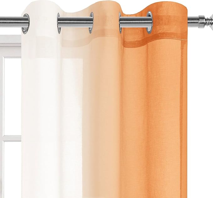 DWCN Ombre Short Sheer Curtains - Faux Linen Semi Voile Gradient Light-Filtering Bedroom and Living Room Curtains, Set of 2 Grommet Top Window Drape Panels, 42 x 45 Inch Length, Sunset Orange