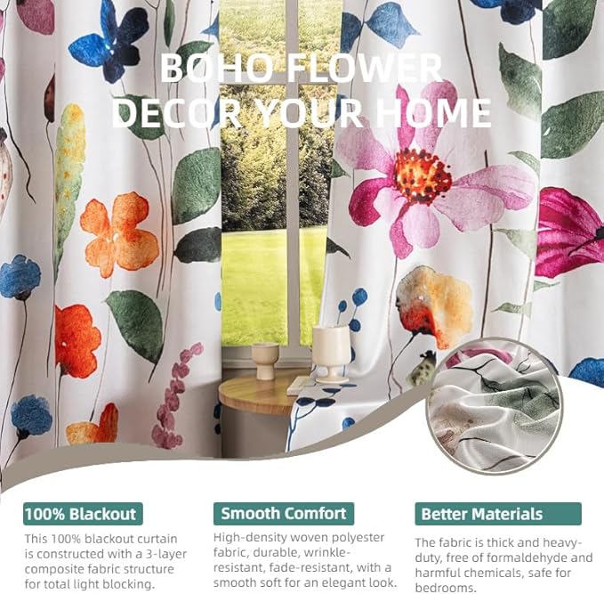 Floral 100% Blackout Curtains 84 inch Length 2 Panels Set for Bedroom Vintage Flower Botanical Pattern Black Out Curtain Thermal Insulated Light Blocking Window Drapes for Living Room 52 x 84 inch