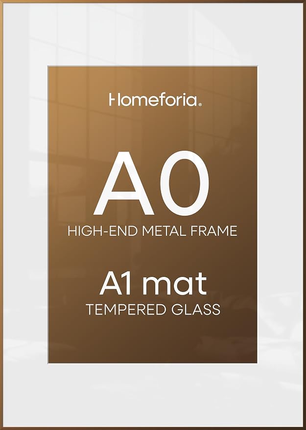 Homeforia A0 Poster Frame Bronze, High End Metal 33.1 x 46.8 inch Large Picture Frames with Mat for 23.4 x 33.1 Photo, A0 Size Brass Frame Matted to A1 Print, 33.1x46.8 Frame, Tempered Glass, Set of 1