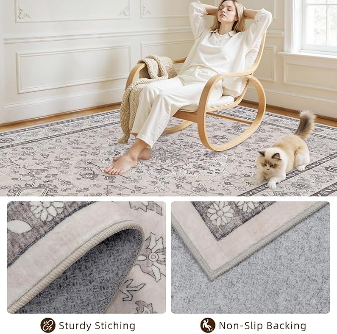 5x7 Area Rugs for Living Room: Vintage Boho Neutral Washable Rug Indoor Soft Large Area Rug Carpet for Bedroom Nursery Farmhouse Dining Room Office Floor Non-Slip Low Pile Under Table Beige & Grey