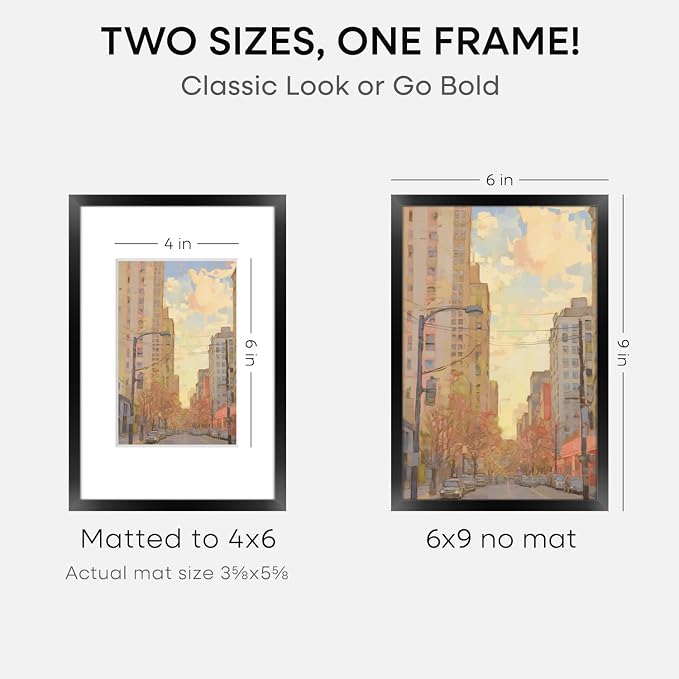 Homeforia 6x9 Picture Frame Black, High End Metal 6 x 9 Black Frames with Mat 4 x 6 for Art, 9x6 Desk Frame Matted to 4x6 inch Photo, 6 by 9 Wall or Tabletop Frames, Tempered Glass, Wall Kit, Set of 2
