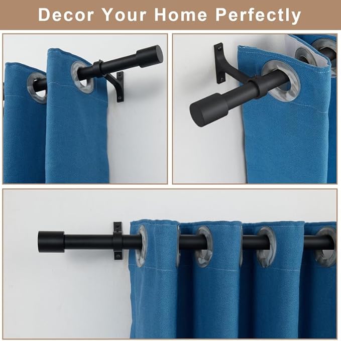 2 Pack Matte Black Curtain Rods for Window 36-72", Decorative Curtain Rods with Cap Finials, Adjustable 1-Inch Thicken Single Curtain Rods Telescoping Drapery Rods