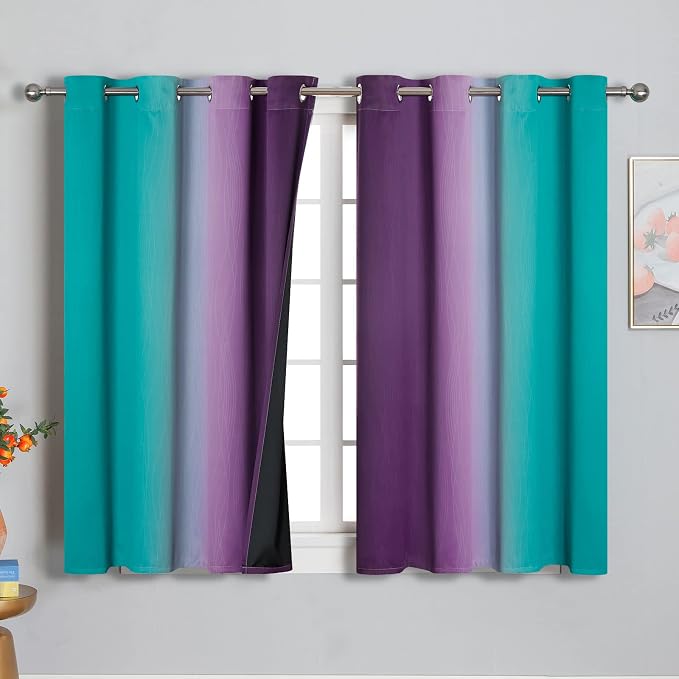 Estelar Textiler Ombre Teal and Purple Blackout Curtains 54 Inch Length 2 panels, Grommet Thermal Insulated Gradient Drapes for Kids Room, Full Light Blocking Blackout Curtains for Bedroom, 52x54 Inch