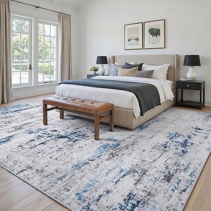 Area Rug Living Room Rugs: 8x10 Large Soft Indoor Carpet Modern Abstract Rug with Non Slip Rubber Backing for Under Dining Table Nursery Home Office Bedroom White Gray Blue