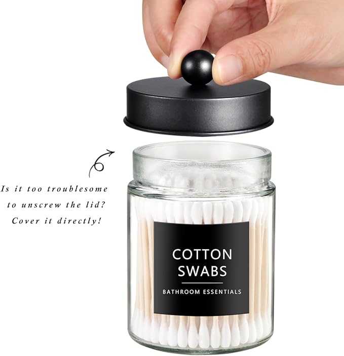 SheeChung Qtip Dispenser Holder, Glass apothecary jars with Acrylic Vanity Tray, Countertop Canister Guest Bathroom Essentials Storage Organizer for Cotton Swabs/Balls, Floss Picks