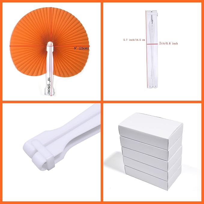 20 Pieces Orange Round Paper Fans | Foldable Handheld Fans for Women,Folding Hand Fans for Wedding,Bridal Guest,Church,Party Favors,Dancing,Birthday,DIY