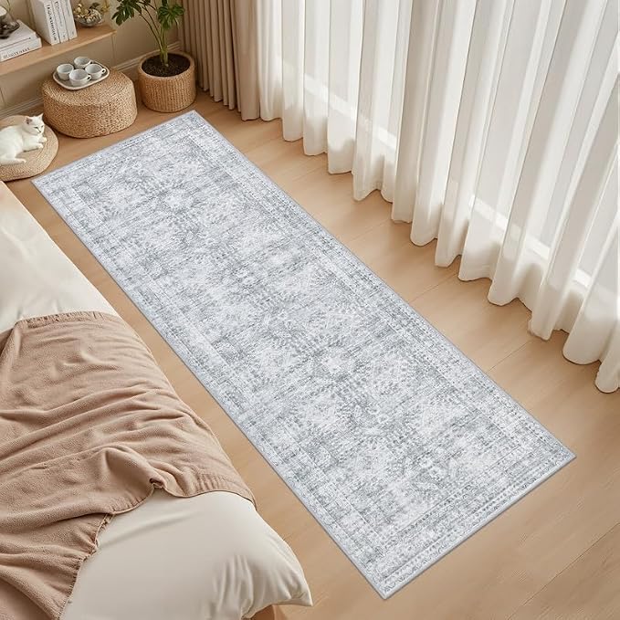 2'6''x8' Hallway Washable Runner Rug: Vintage Boho Neutral Kitchen Rug Soft Small Area Rug Indoor Floor Non-Slip Low Pile Carpet for Farmhouse Entryway Laundry Bathroom Bedroom Beside Rugs Gray