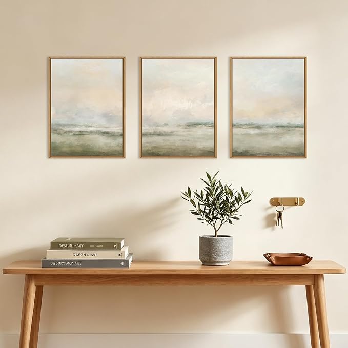 Abstract Beige Green Landscape Framed Canvas Wall Art Set, Watercolor Natural Tan Wall Decor, Minimalist Neutral Modern Scenery Artwork for Living Room, Bedroom,Farmhouse- 12"x16"x3