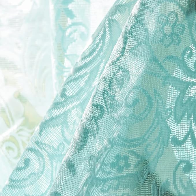 ALIGOGO Mint Green Curtains, 84 Inch Long, 2 Panels - Vintage Ocean Coastal Lace Sheer Floral Curtains for Living Room, Summer Beach Themed, Seafoam Aqua Color, Rod Pocket, 52 x 84 Inch, Aqua/Mint