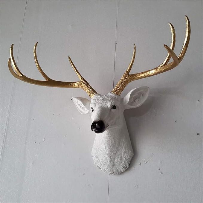 YJ Home Larger Faux Deer Head - Rustic Wall Decor Deer Antlers,Faux Taxidermy Animal Head Wall Decor - Handmade Farmhouse Decor (White haed gold antlers, 27.5''Wx20''H)