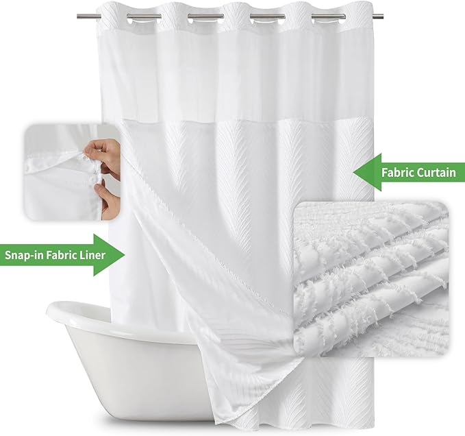 eachope Long No Hook Shower Curtain and Liner Set,Boho Style with See Through Top Window,White Fabric Tufted Striped Textured Outer Curtain with Snap in Liner, White,71Wx80H