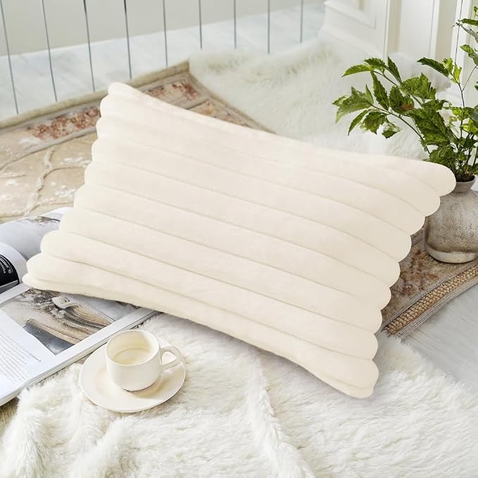 decorUhome Fall Cozy Faux Fur Throw Pillow Covers 12x20 Set of 2 Decorative Soft Plush Striped Lumbar Modern Farmhouse Boho Couch Pillow Cases with Velvet Back for Sofa Bed Living Room, Cream White