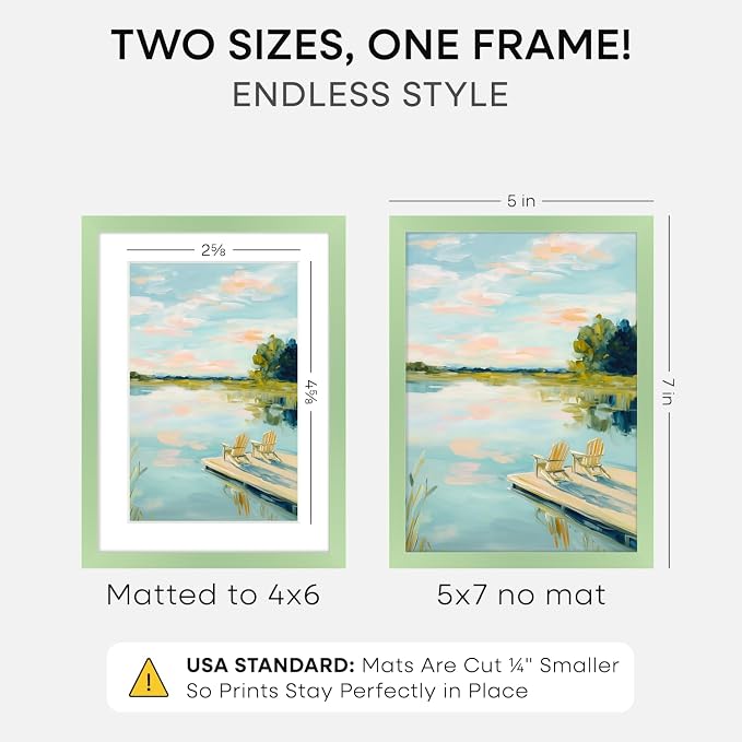 Homeforia 5x7 Picture Frame Sage Green, High End Metal 5 x 7 Frames with Mat 4 x 6 for Photo, 5by7 Desk Frame Matted to 4x6 inch Art, 5 by 7 Wall or Tabletop Frames, Tempered Glass, Wall Kit, Set of 1