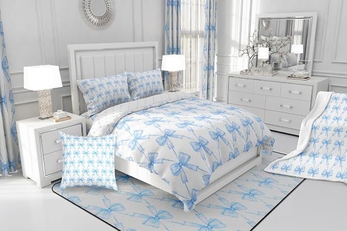 Feelyou Blue Bow Curtains for Bedroom Living Room (2 Panels, 52 x 96 Inch) Cute Bowknot Room Darkening Blackout Curtain Boys Girls Kawaii Blackout Curtains Bow and Stripes Window Treatments