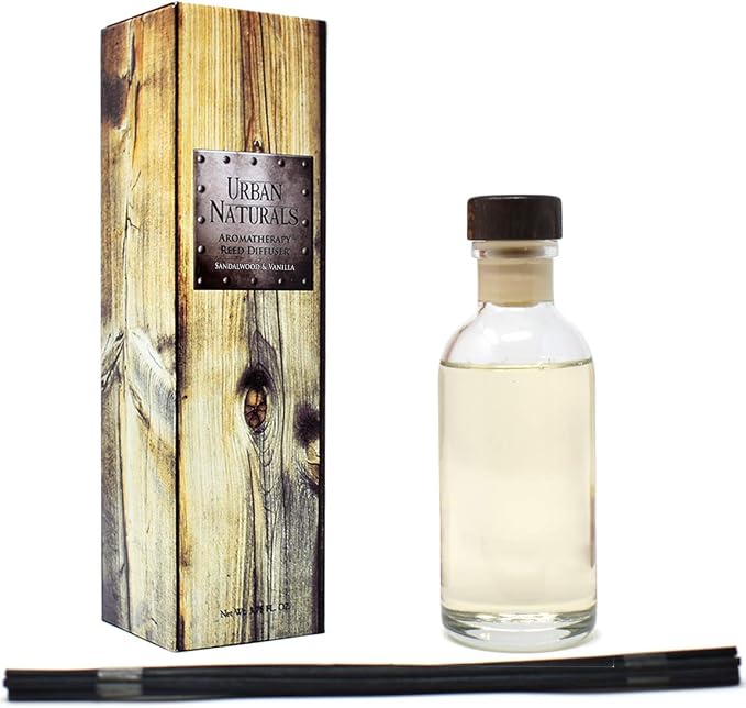 Urban Naturals Reed Diffuser Set, Sandalwood & Vanilla - Bathroom Décor | Tahitian Vanilla intermeshes & Desert Sandalwood Mingle to Create a Southern Bourbon Scent, Great Gift Idea