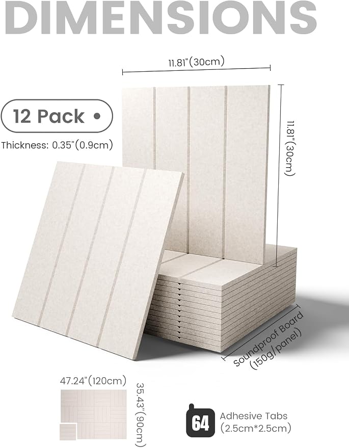 Fluxynara Felt Bulletin Board Tiles Large 48" x 36" Cork Board Alternative-12 Pack with 64 Adhesive Tabs, Thick Slat Wall Panels for Office Decor, Push Pin Board Wall Organizer Alternative -Oatmeal