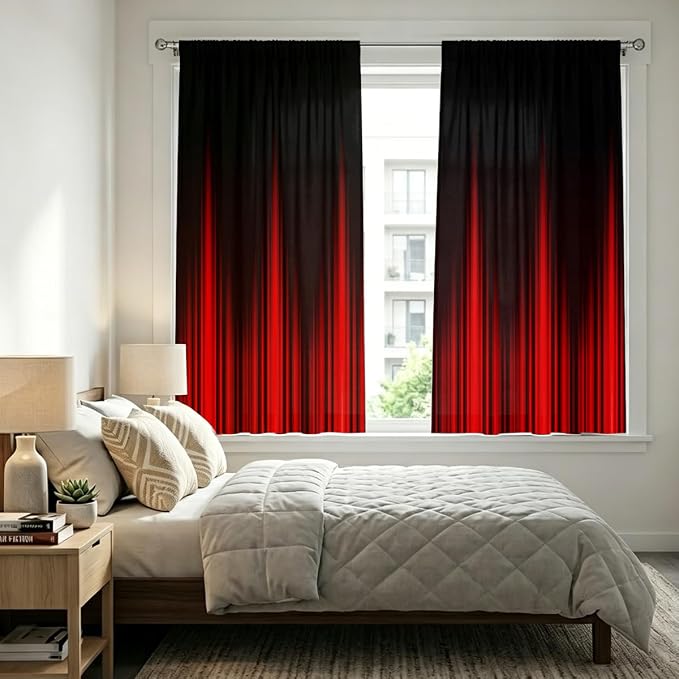 Coxila Red and Black Ombre Curtains, Gothic Dark Aesthetic Soft Fabric Window Drapes for Gaming Room, Goth Room Decor, 2 Panels, Rod Pocket, 42 x 63 Inch